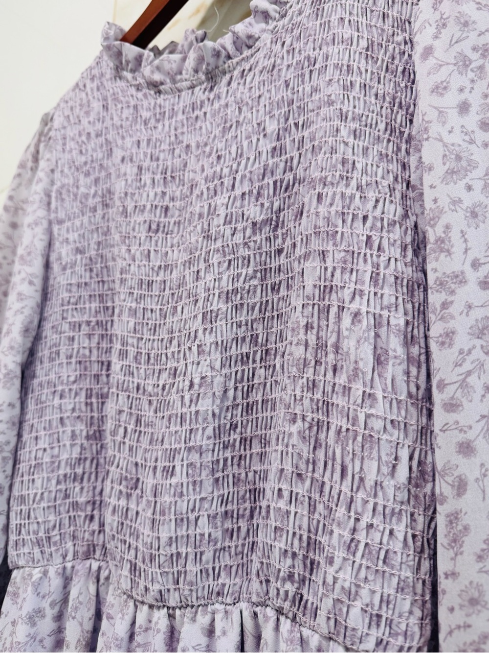 Vintage Cottagecore Lavender Floral Smocked Mini Dress Prairie Romantic Small - Picture 5 of 14